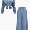 Basic Solid Shiny Shirt And Loose Trouser Set>MICAS Sale