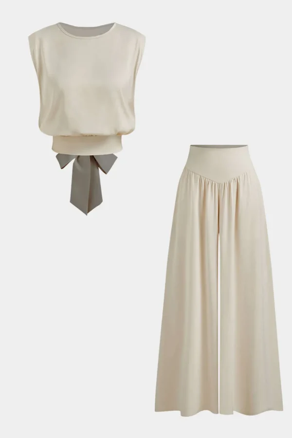 Bow Back Round Neck Short Sleeve Top And Wide Leg Pants Set>MICAS New