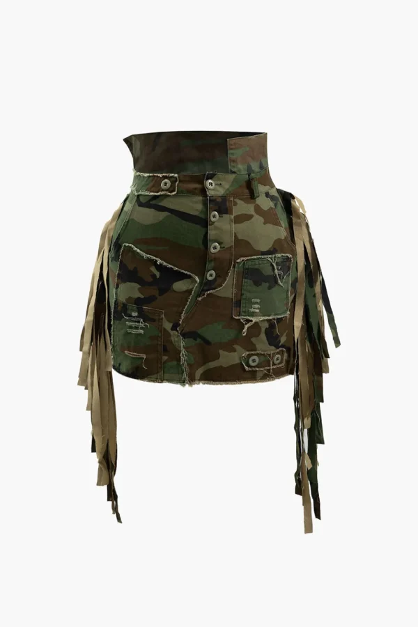 Camo Frayed Patchwork Fringe Mini Skirt>MICAS Fashion