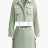 Collared Flap Pocket Drawstring Crop Top And Mini Skirt Set>MICAS Hot