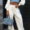 Color Block Denim Patchwork Hooded Zipper Jacket And Trousers Set>MICAS Sale