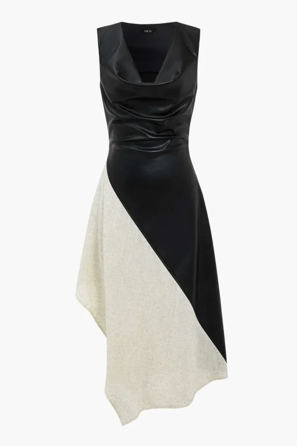 Color Block Draped Cowl Neck Asymmetrical Midi Dress>MICAS Online