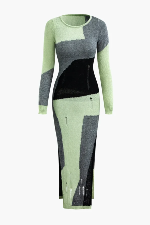 Colorblock Knit Destroyed Slit Midi Dress>MICAS Online