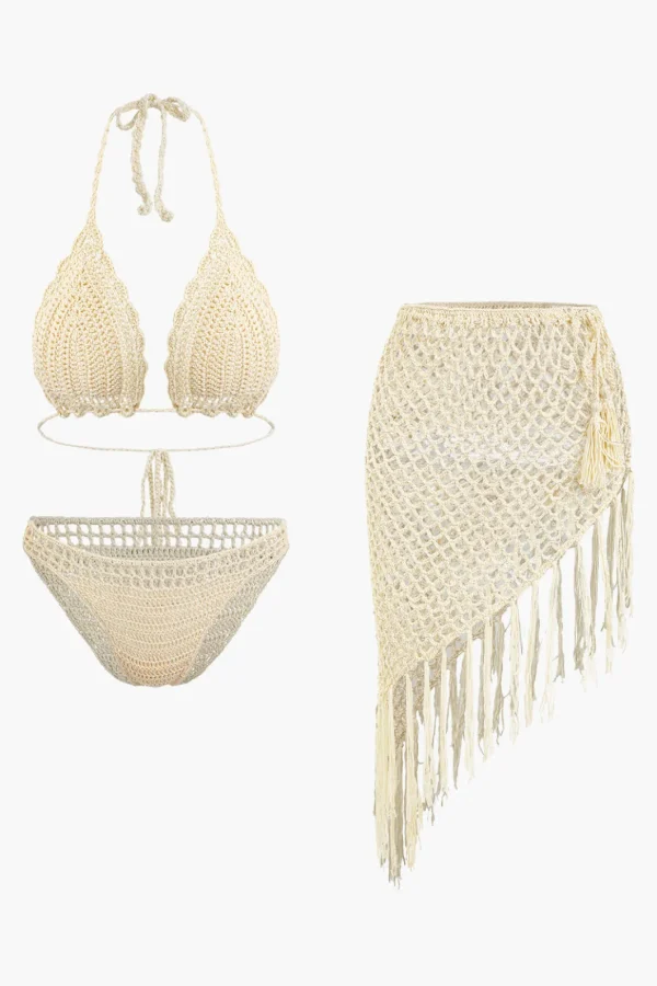 Crochet Halter Neck Bikini Set And Asymmetric Tassel Cover Up Set>MICAS New