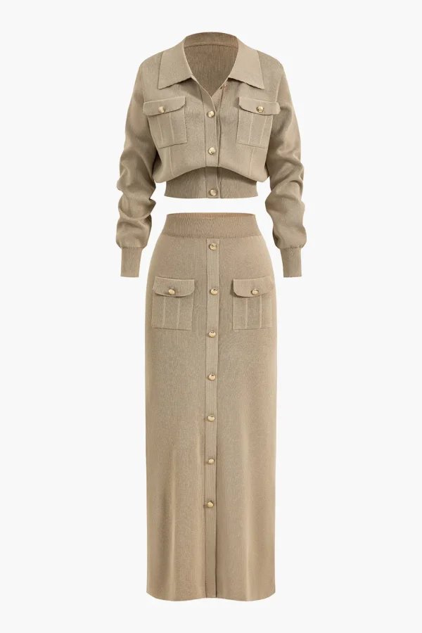 Cropped Button-Up Knit Top And Maxi Skirt Set>MICAS Best