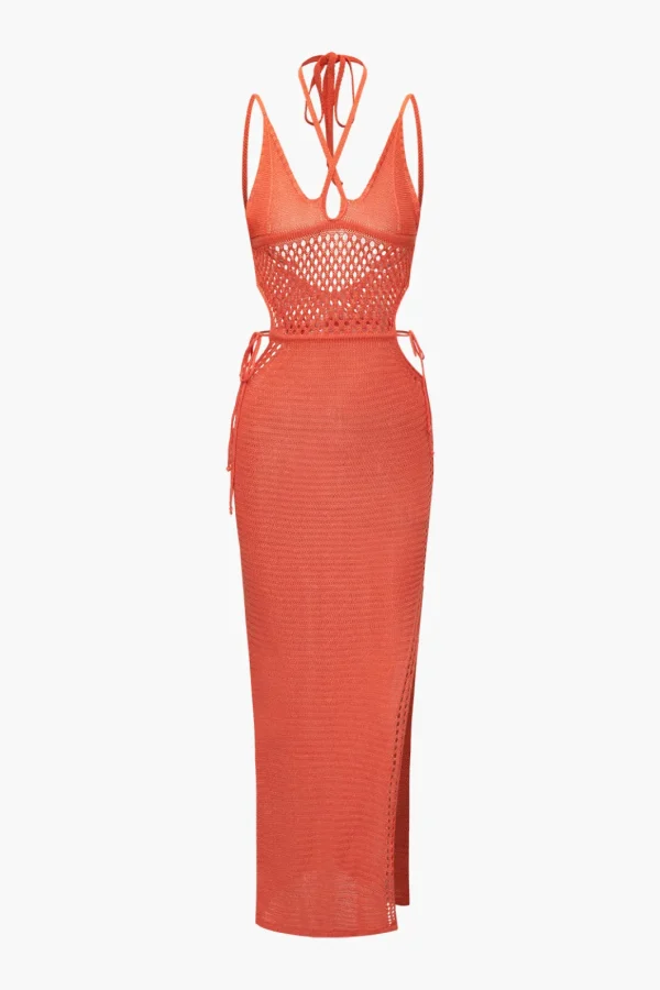 Cut Out Open Knit Backless Halter Maxi Dress>MICAS Best
