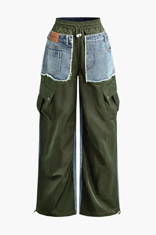 Denim Patchwork Flap Pocket Drawstring Cargo Jeans>MICAS Outlet