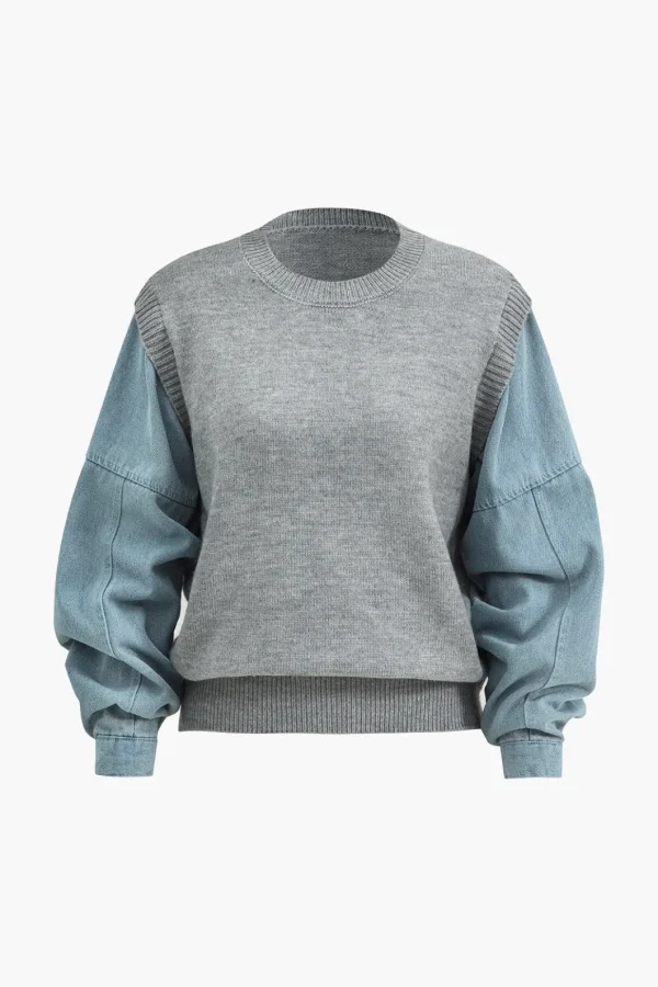 Denim Patchwork Sweater Long-Sleeve Top>MICAS Hot