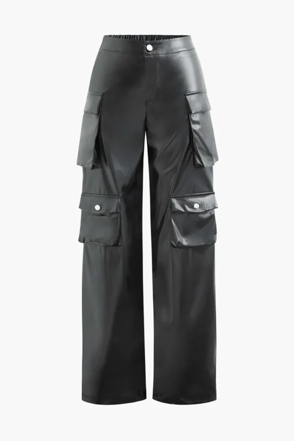 Faux Leather Flap Pocket Straight Leg Cargo Pants>MICAS New