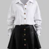 Faux Leather Linen Patchwork Button Long Sleeve Mini Dress>MICAS Outlet
