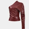 Faux Leather One Shoulder Asymmetrical Long-Sleeve Shirt>MICAS Clearance