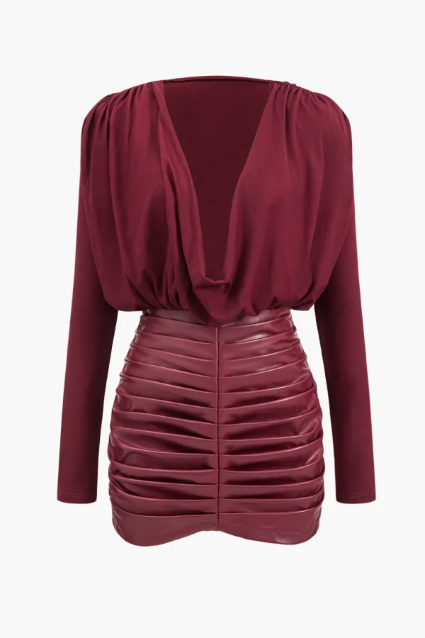 Faux Leather Patchwork Long Sleeve Draped Cowl Neck Mini Dress>MICAS Outlet