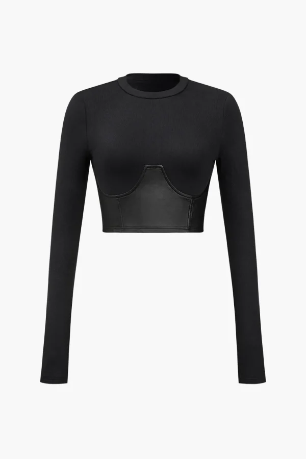 Faux Leather Patchwork Long-Sleeve Top>MICAS Outlet