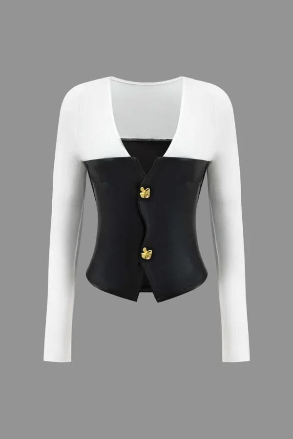 Faux Leather Patchwork Metallic Button Long-Sleeve Top>MICAS Hot