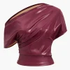 Faux Leather Ruched Asymmetrical Short Sleeve T-Shirt>MICAS Hot