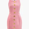 Floral Button Halter Neck Backless Mini Dress>MICAS Fashion