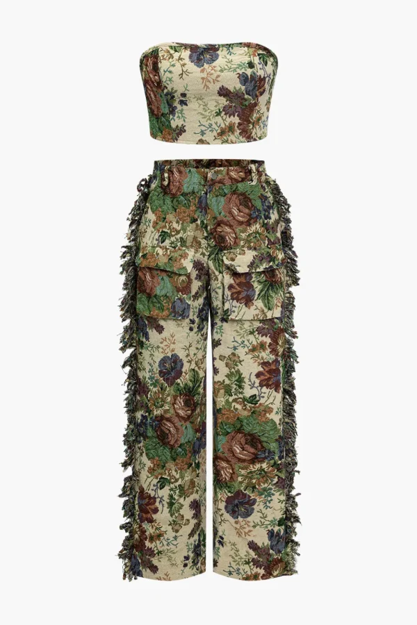 Floral Print Fringe Tie Back Tube Top And Button Pocket Trouser Set>MICAS New