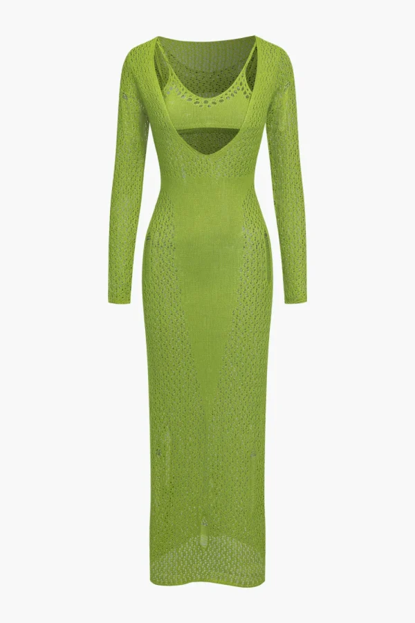 Hollow Out Long Sleeve Knit Maxi Dress With Bra Set>MICAS New
