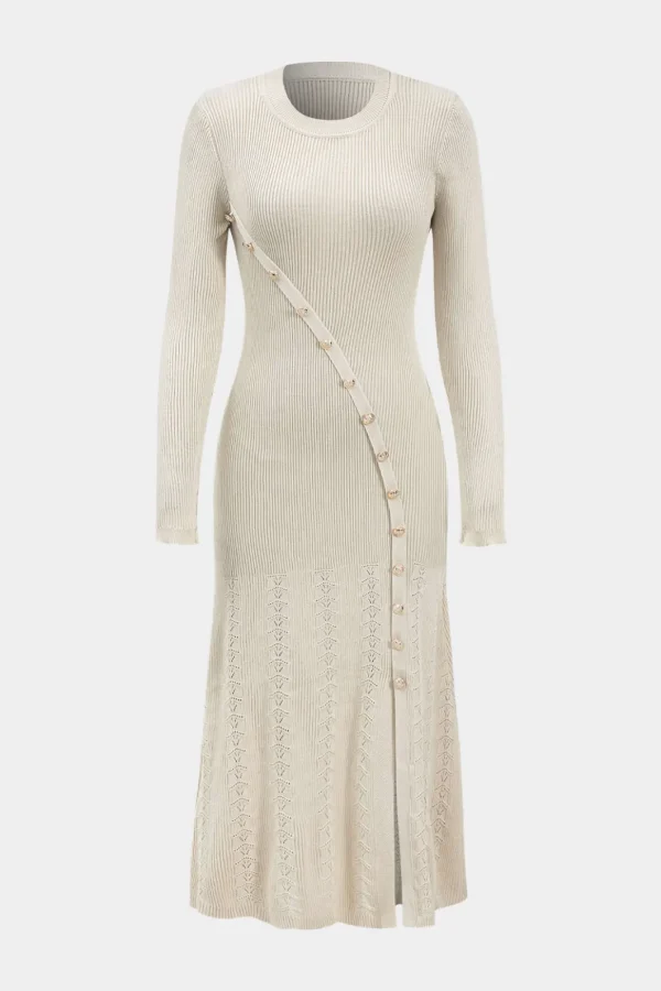 Knit Asymmetric Button Long Sleeve Dress>MICAS Online