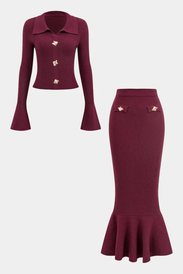 Knit Button Metallic Long-Sleeve Top And Maxi Skirt Set>MICAS Outlet
