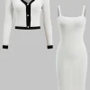 Knit Button V-Neck Patchwork Long Sleeve Cardigan And Slip Dress Set>MICAS New