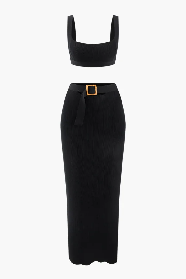 Knit Square Neck Crop Tank Top And Buckle Midi Skirt Set>MICAS Best