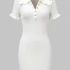 Knitted Metallic Button Ruffle Short Sleeve Dress>MICAS Best