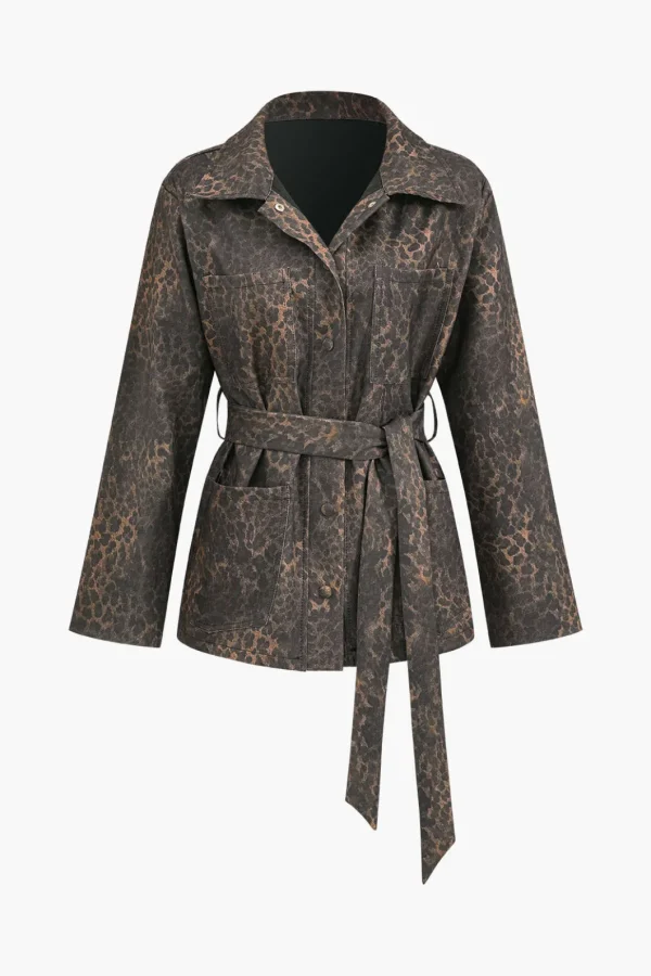 Leopard Print Pocket Button Belted Jacket>MICAS New
