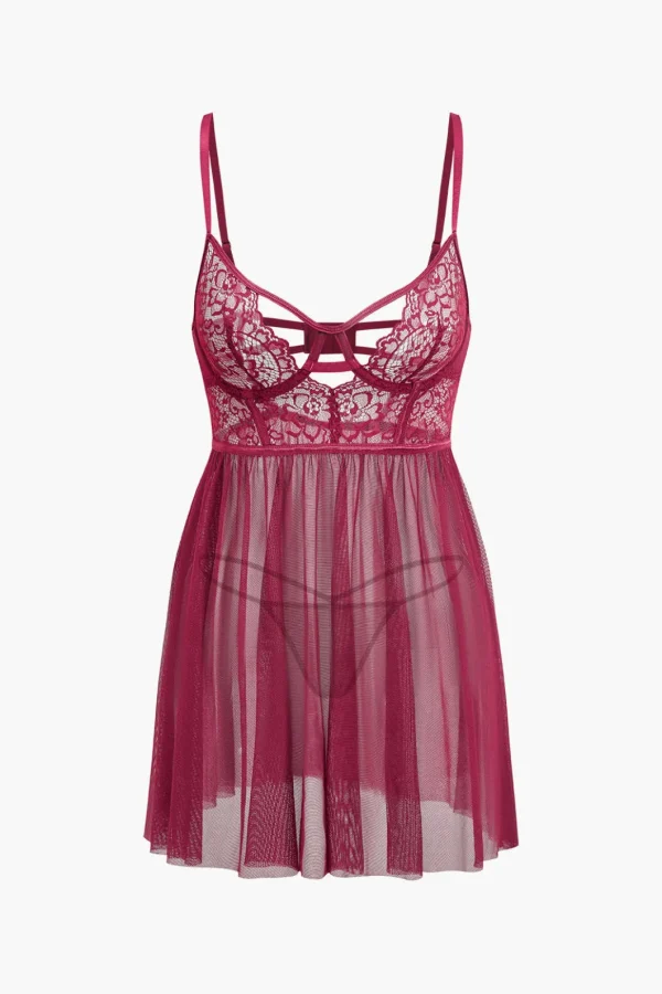 Mesh Bustier Cut Out Embroidery Side Slit Sleepwear Set>MICAS New