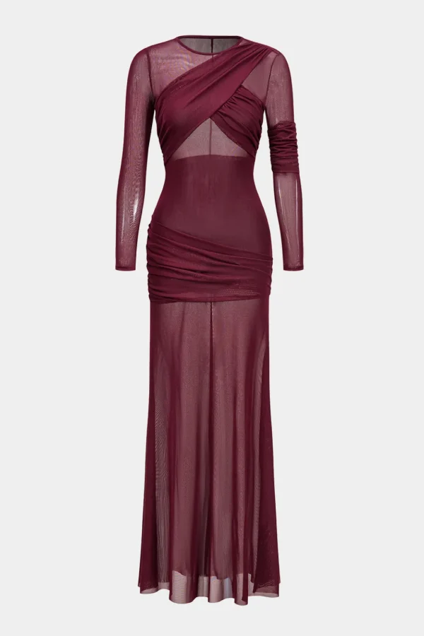 Mesh Ruffle Long Sleeve Maxi Dress>MICAS Online