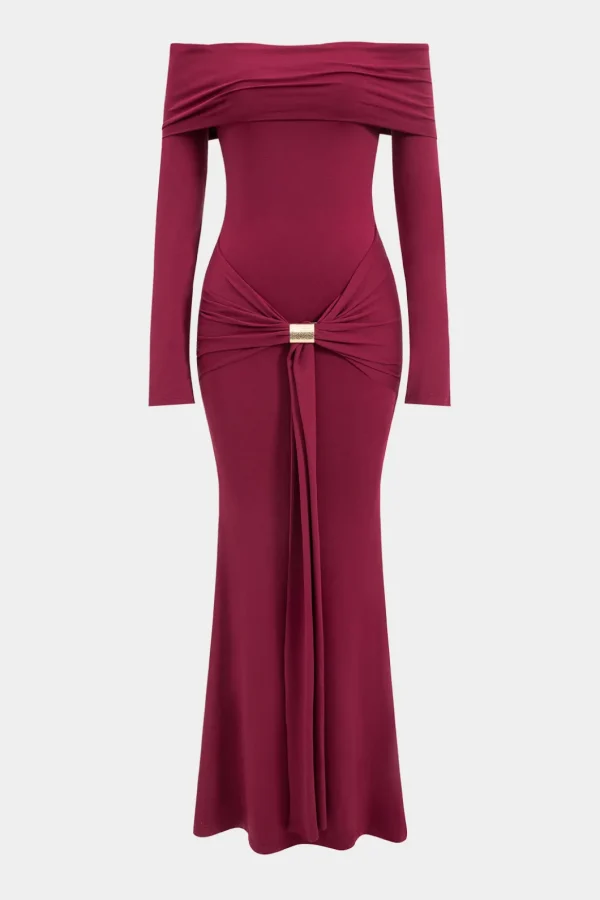 Metallic Detail Off Shoulder Long Sleeve Maxi Dress>MICAS Fashion