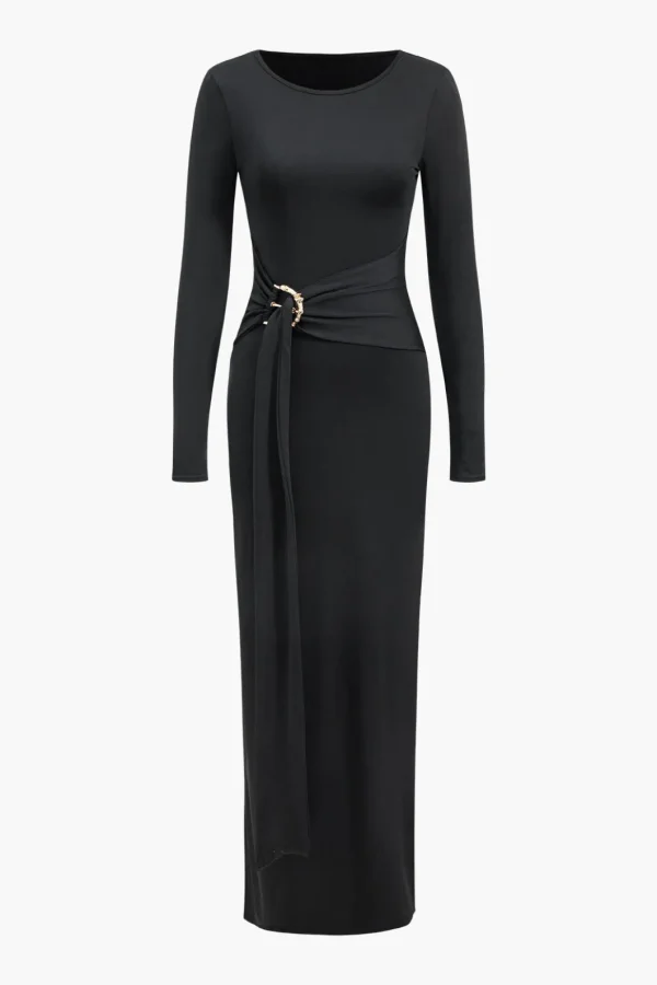 Metallic Detail Tie-Up Long Sleeve Maxi Dress>MICAS New