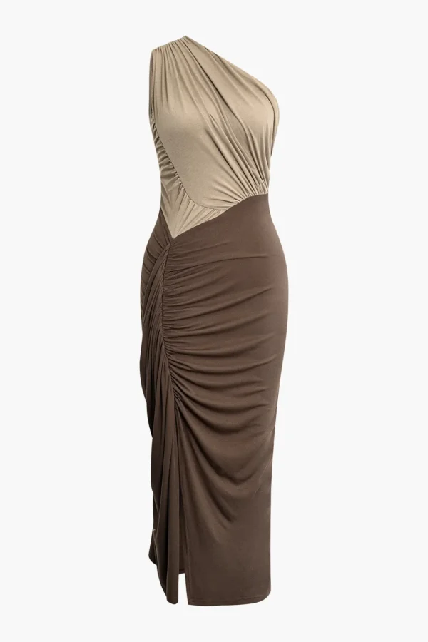 One Shouder Patchwork Ruched Slit Maxi Dress>MICAS Hot