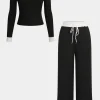 Patchwork Top And Drawstring Straight Trousers Set>MICAS Fashion