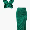 Pleated Halter Backless Top And Split Midi Skirt Set>MICAS Fashion
