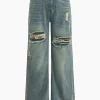 Retro Print Washed Ripped Asymmetrical Jeans>MICAS Fashion