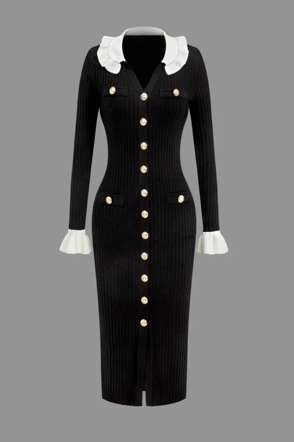 Ruffled Cuffs And Collar Ribbed Knit Button Front Midi Dress>MICAS Clearance