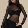 Sheer Mesh Patchwork Long Sleeve Mini Dress>MICAS Sale