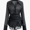 Solid Button Up Long Sleeve Shirt And Ruffle Hem Mini Skirt Set>MICAS New
