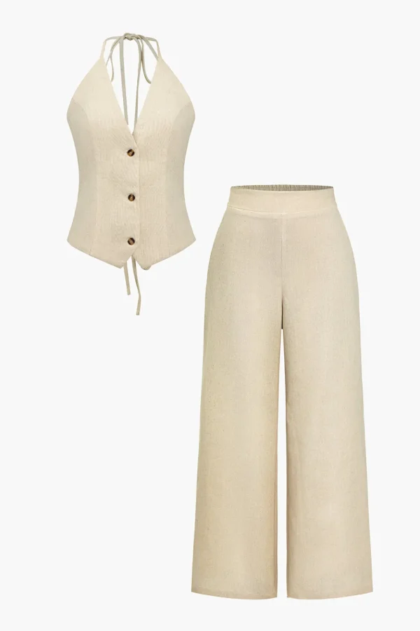 Solid Halter Backless Vest And Wide Leg Pants Set>MICAS Online