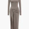 Solid Heart-Shaped Irregular Slit Long Sleeve Midi Dress>MICAS Discount