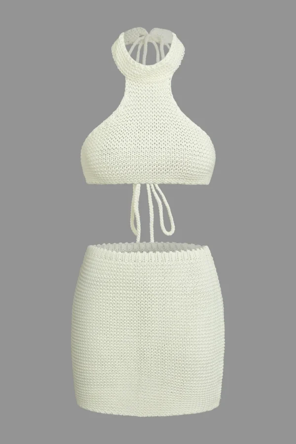 Solid Knit Cut Out Tie-Up Top And Mini Skirt Set>MICAS New