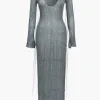 Solid Knit Fringe V-Neck Long Sleeve Maxi Dress>MICAS Sale