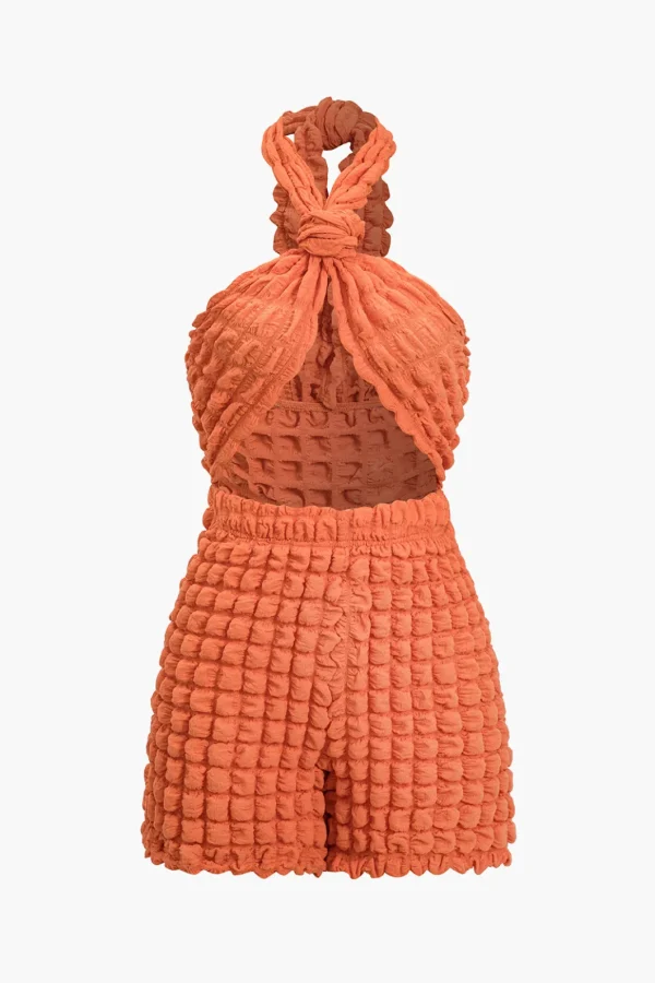 Solid Knot Cut Out Grid Texture Romper>MICAS New