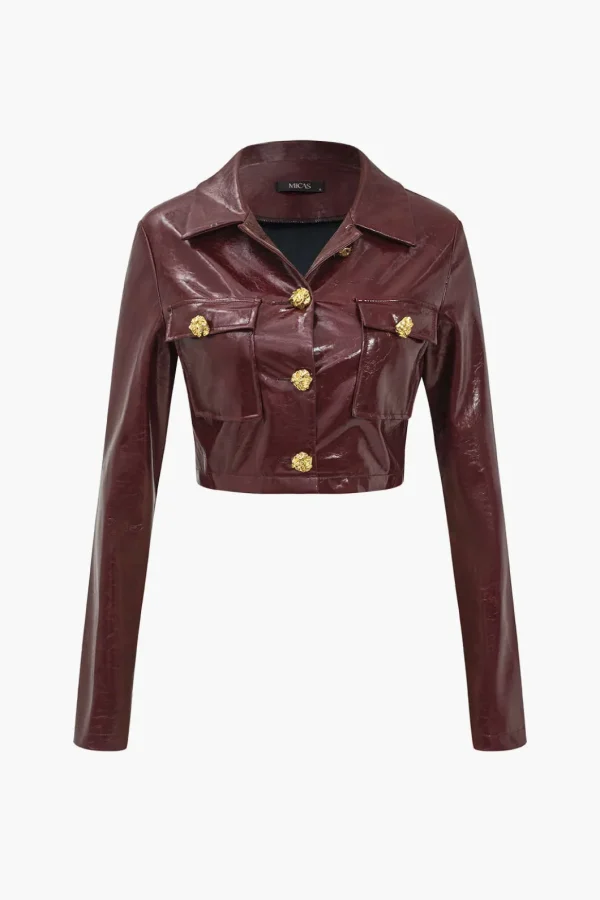 Solid PU Button And Pocket Details Jacket>MICAS Hot