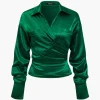Solid Satin Button Tie-Up Long-Sleeve Shirt>MICAS Online