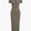 Solid Slit Collar Midi Dress>MICAS Fashion