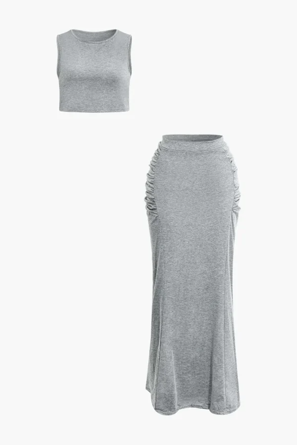 Solid Tank Top And Ruched Maxi Skirt Set>MICAS Best