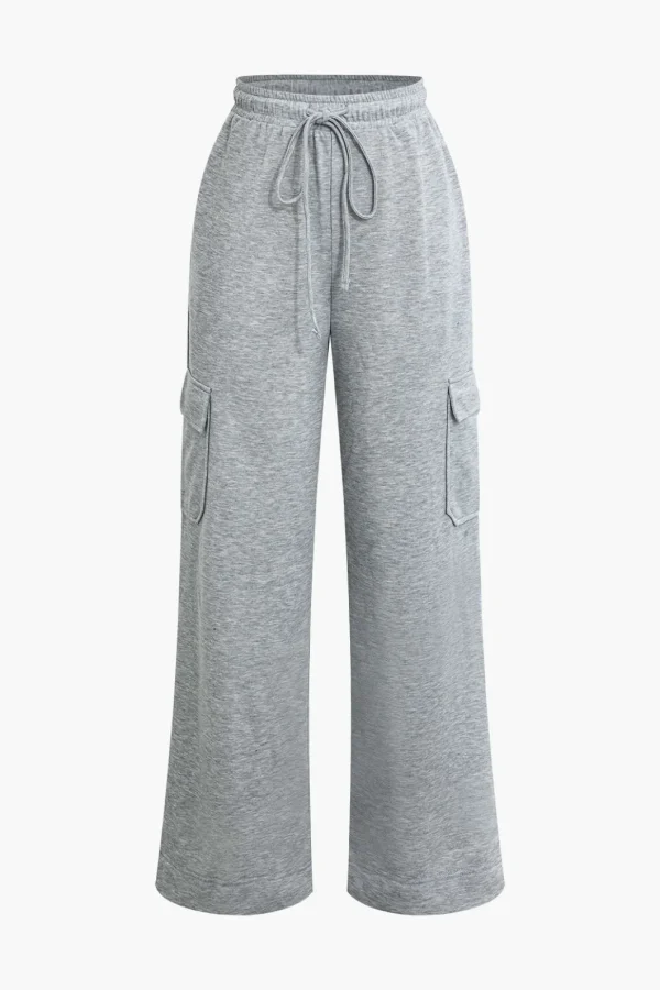 Solid Tie Front Shirred Waistband Pocket Drawstring Trousers>MICAS New