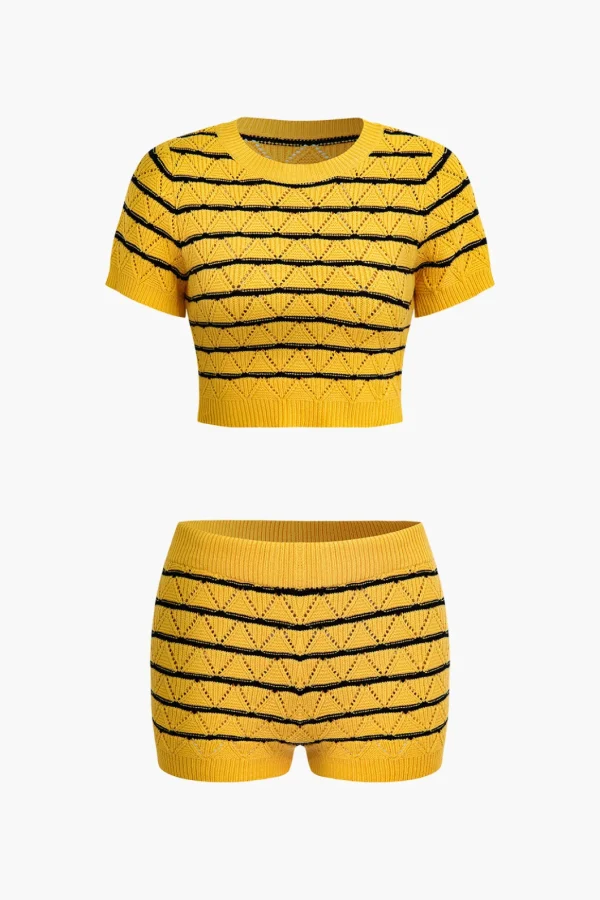 Stripe Crop Knit Top And Shorts Set>MICAS Hot